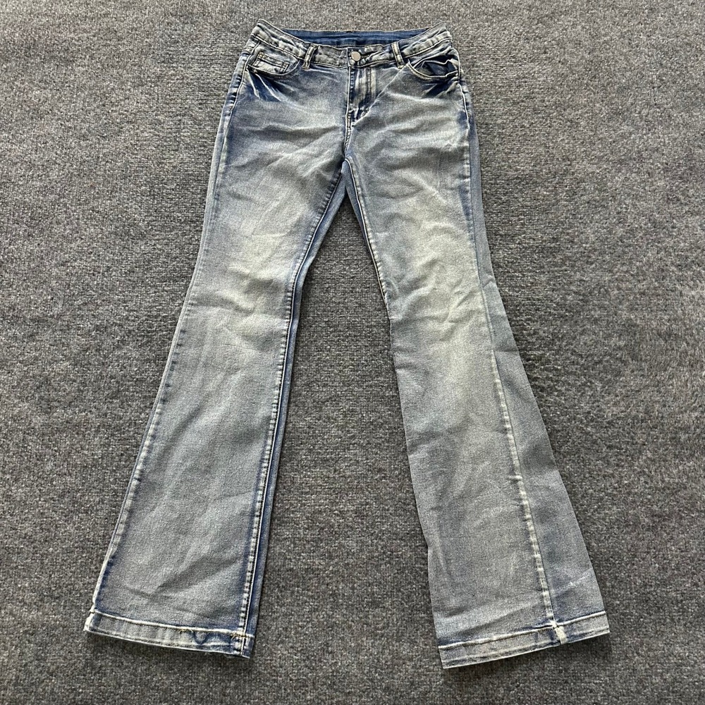 SHEIN Jeans Womens Petite S Blue Viscose Flare Leg Light Wash Whiskered Stretch